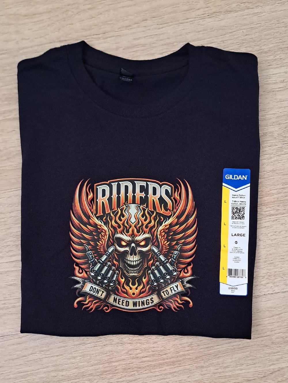 Gildan Men’s Black Riders Skull Graphic Tee with Orange Flames